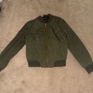 Express Olive Bomber Jacket with Gold Accents